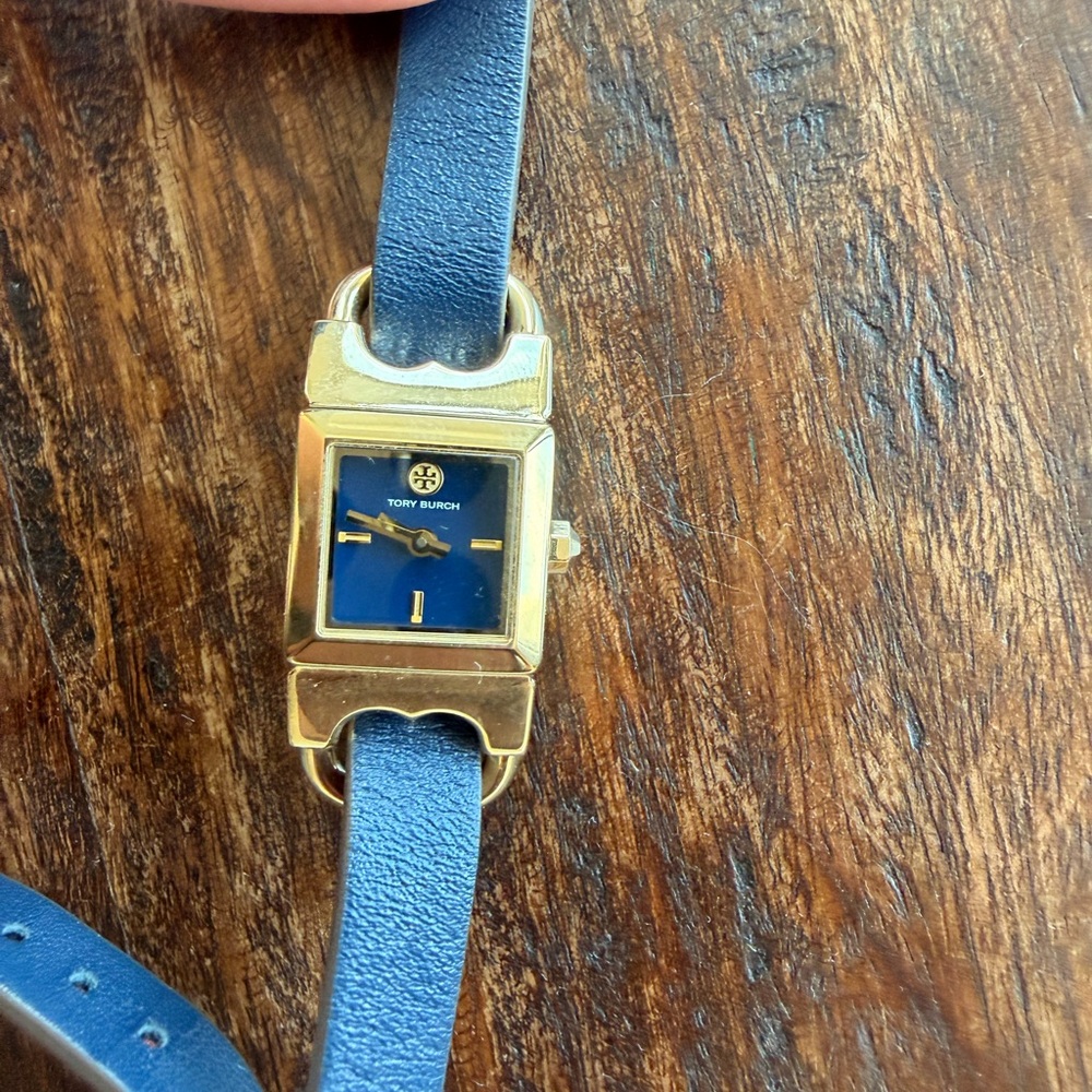 Tory Burch Navy Leather Wrap Watch with Gold-Tone Case